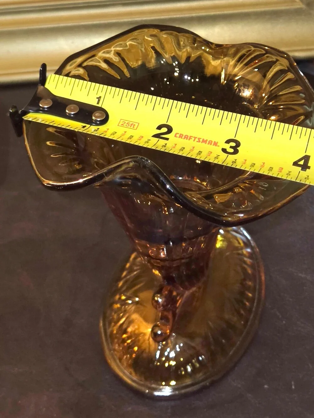 Set of Fenton Amber Glass Cornucopia Candleholders w Ruffled Rims & Fluted Base